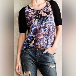Anthropologie Floral Print Top with Black Sleeves